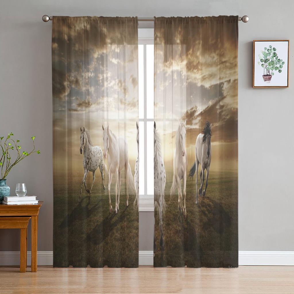 Black White Horse Watercolor Painting Tulle Sheer Window Curtains for Living Room Kitchen Children Bedroom Voile Hanging Curtain