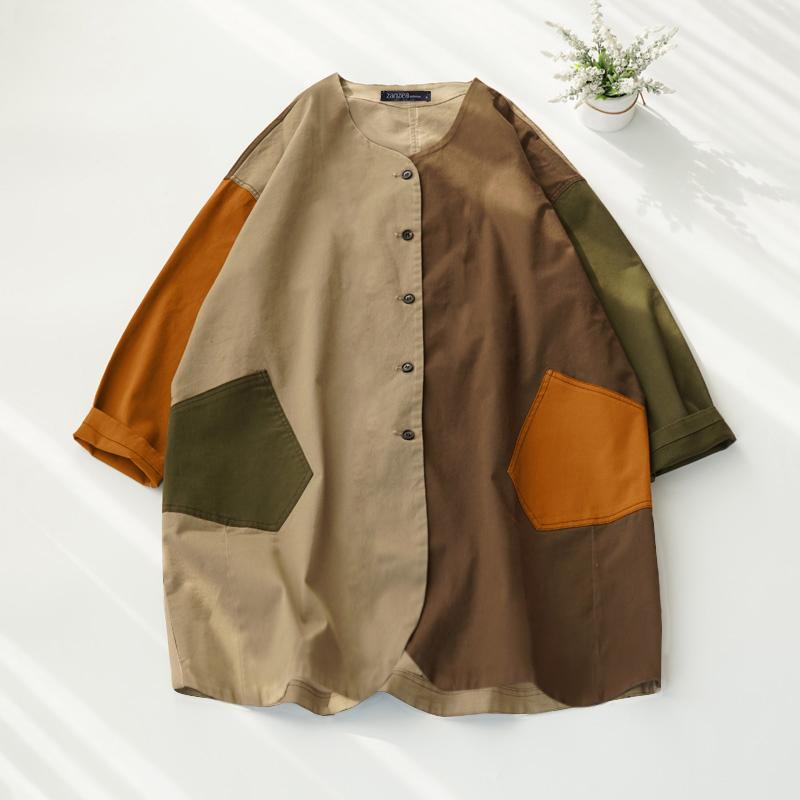 ZANZEA Женские осенние рубашки с круглым вырезом и длинным рукавом, контрастного цвета