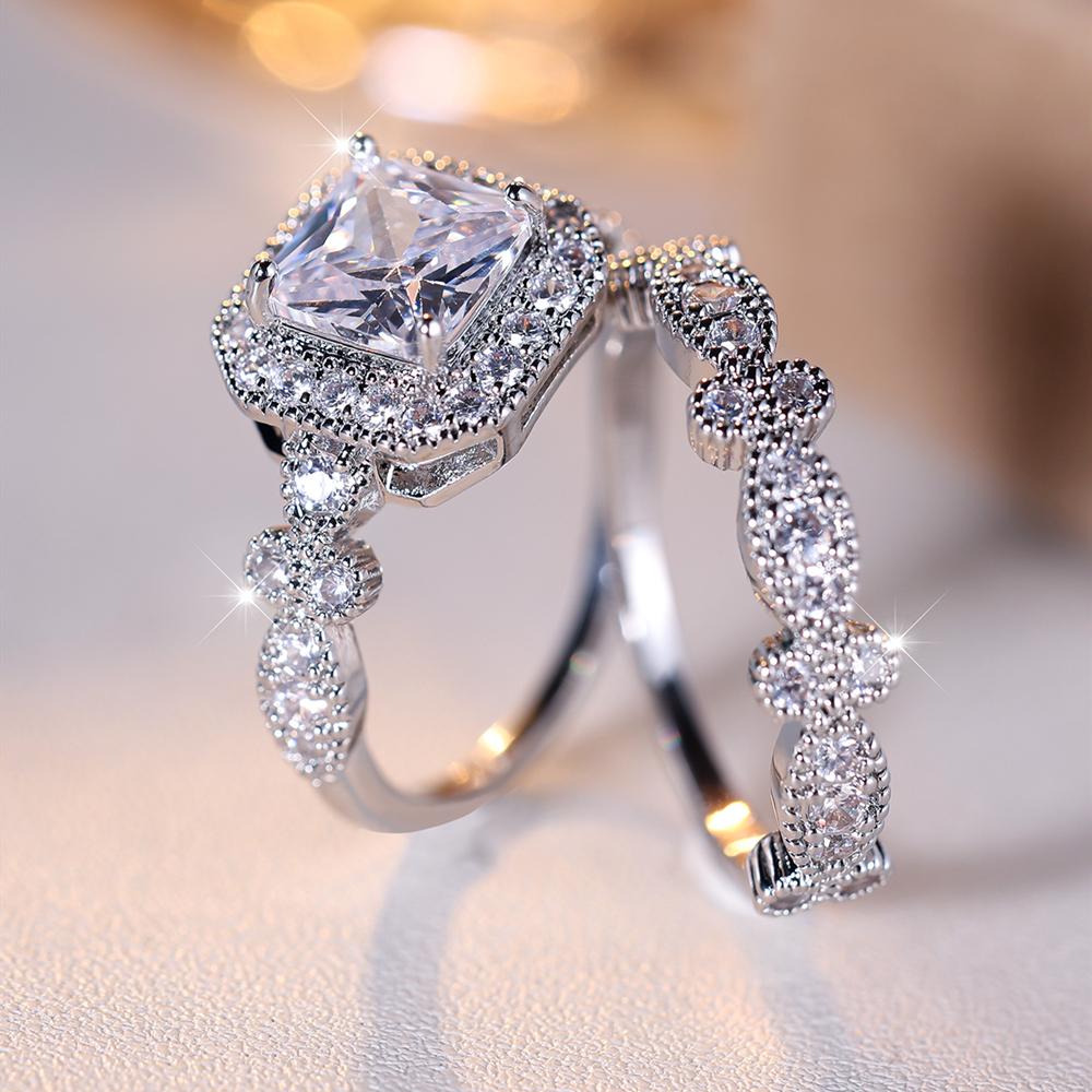 Простой элегантный квадратный комплект колец с кубическим цирконием для женщин, серебряный цвет, обручальное, свадебное, модное женское кольцо, ювелирные изделия