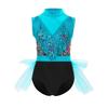 Girls Latin Dance Dress Sleeveless Cutout Back Tassels Shiny Sequins Color Block Performance Costume
