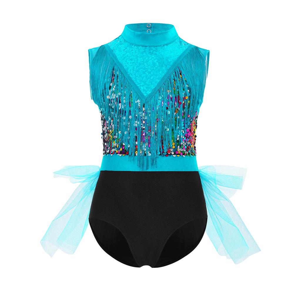 Girls Latin Dance Dress Sleeveless Cutout Back Tassels Shiny Sequins Color Block Performance Costume