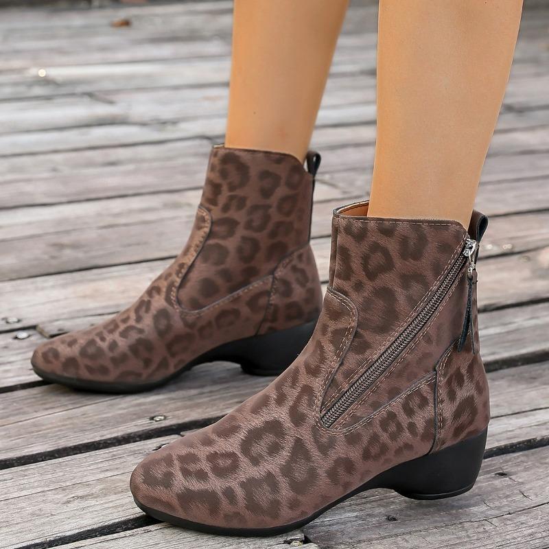Fashion Leopard Print Kitten Heel Autumn New Round Toe Side Zip Soft Sole Non-slip Wear-resistant Short-thigh Boots
