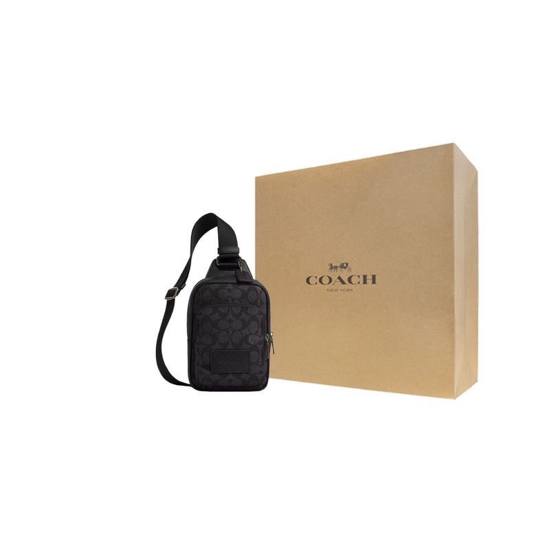 Coach Racer 13 Логотип Застежка-молния Покрытие из канваса и гладкая телячья кожа Мини-сумка через плечо Мужские сумки на плечо Угольный CV763-QBMI5