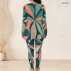 Women Plus Size Round Neck Long Sleeve Printed Longline Top And Fitted Pants Two Piece Set