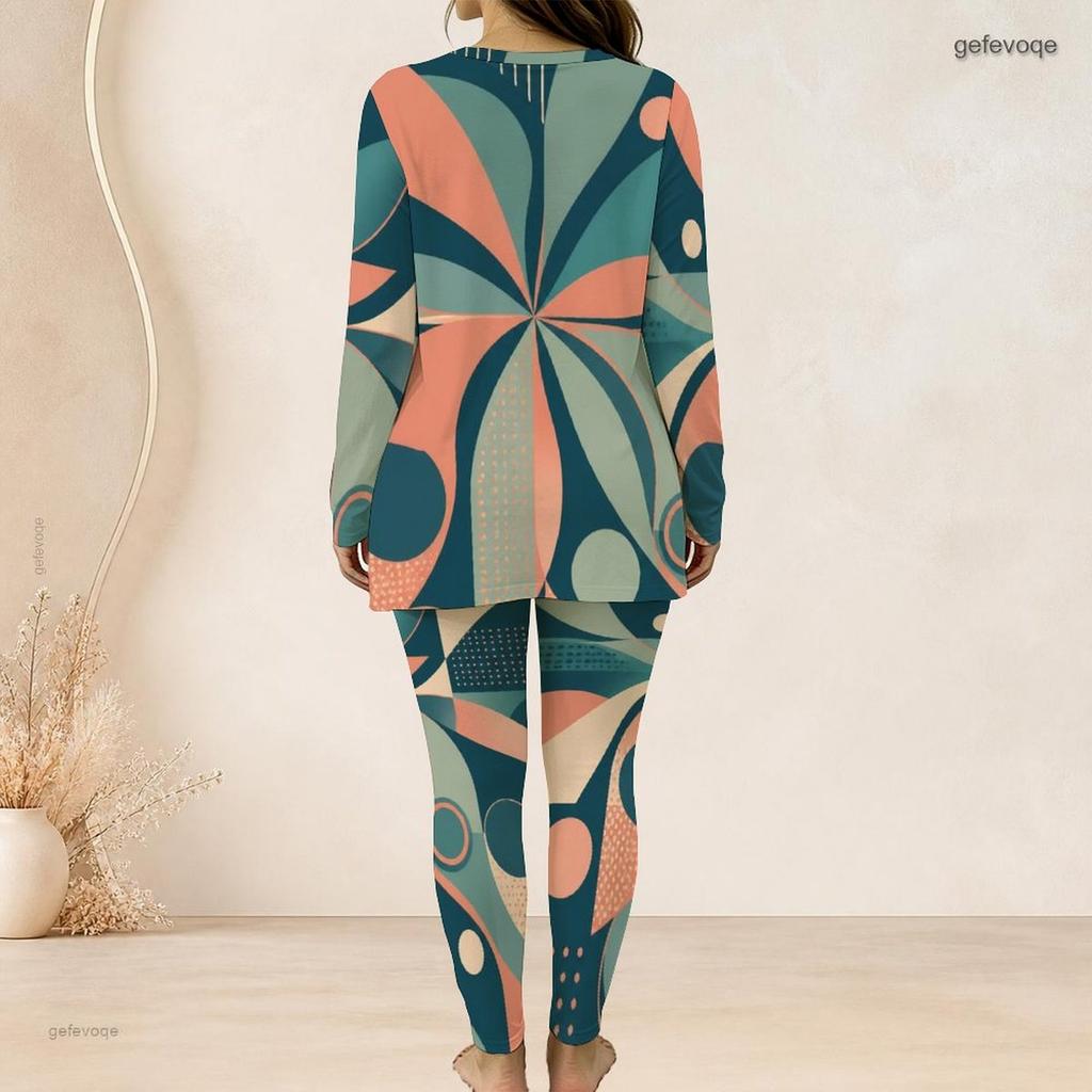 Women Plus Size Round Neck Long Sleeve Printed Longline Top And Fitted Pants Two Piece Set