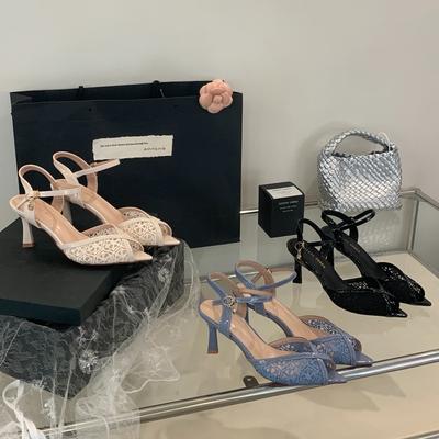 Модная летняя обувь сетчатые сандалии женские с острым и стильным носком, тонкими каблуками, высокими каблуками и сандалиями с неглубоким вырезом сзади