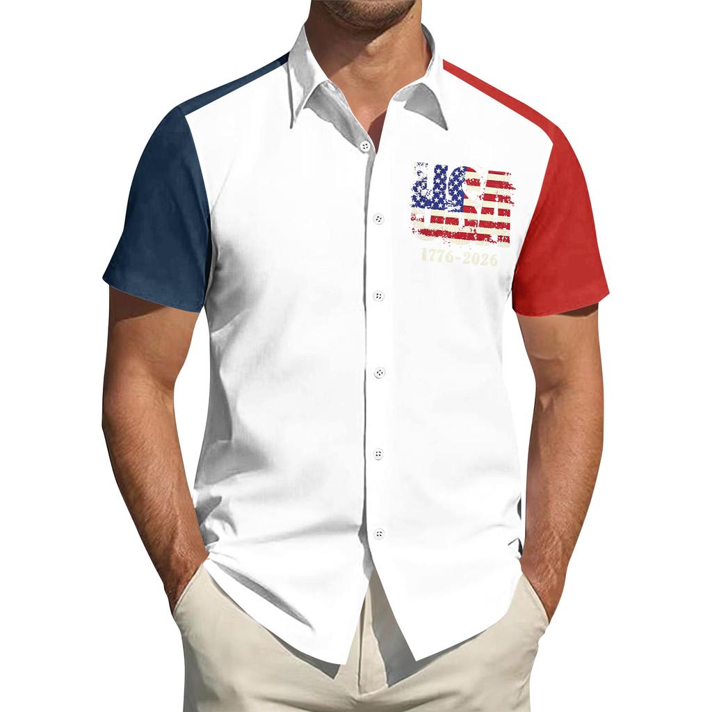 Men's Independence Day Printed Collared Top Men's Casual Sports Short-Sleeve Shirt