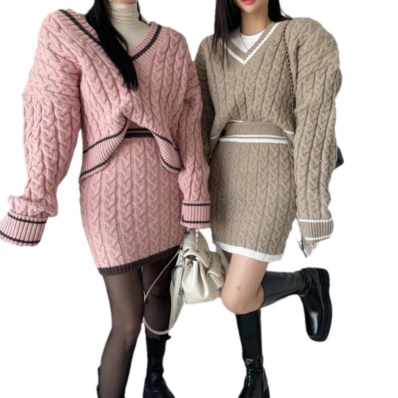 2026 Korean Retro Color Block V-neck Cable Knit Sweater & High-Waist Bodycon Skirt Set for Women