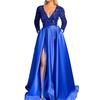 Women Evening Dress Low-cut V Neck Shiny Sequin Tight High Waist Split Hem A-line Big Swing Floor Length Satin Prom Wedding Party Lady Maxi Dress