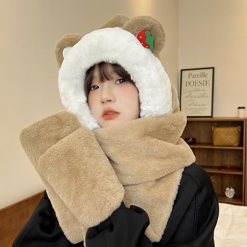 Women's Cozy Fox Ear Plush Hat with Integrated Scarf - Warm, Soft Lei Feng Design for Autumn and Winter. Perfect Ear Protection for Students.