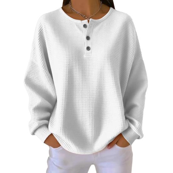 Женские топы с круглым вырезом, декорированные пуговицами, с длинным рукавом, пуловеры, однотонная текстурированная блузка вафельного переплетения для повседневной носки
