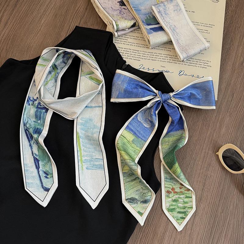 Silk Scarf Long Strip High Sense Spring and Summer Versatile Oil Painting Headscarf Headband Tied Bag Streamer Decorative Scarf Multi-purpose Belt