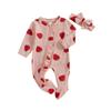 Baby Girls Ruffles Romper Strawberry Print Long Sleeve Jumpsuits and Cute Headband Set for Toddler Infant