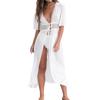 Summer Women Beach Dress Female Solid Bikini Cover Ups Short Sleeve V-Neck White Pareo Dress Wear Swimwear Plus Size