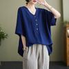 Summer Cotton Linen T-shirt for Women Artistic Loose V-neck Plus Size Blouse Top