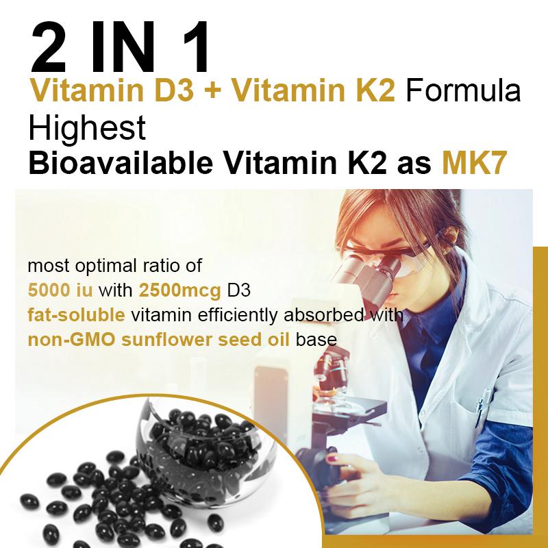 Bcuelov plant-based vitamin D3+K2 capsules 2500mg containing calcium and multiple vitamins to enhance immunity 120 capsules
