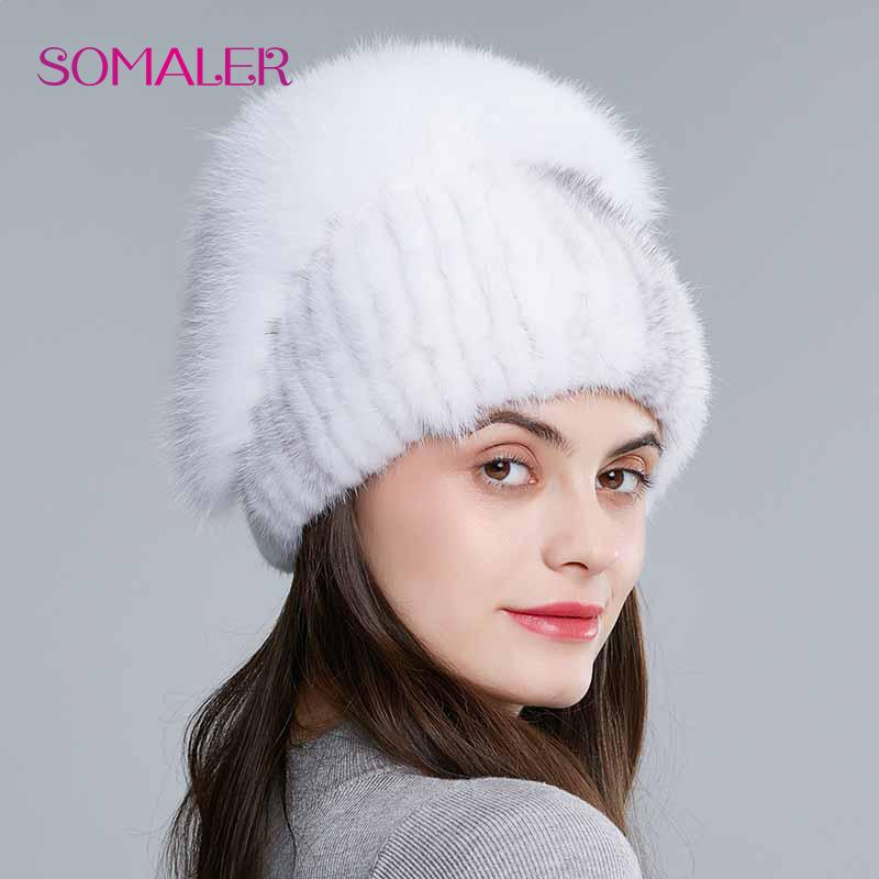 SOMALER Зимние шапки из натурального норкового меха для женщин, вязаная меховая шапка с узором розы, шерстяная подкладка, зимние шапки