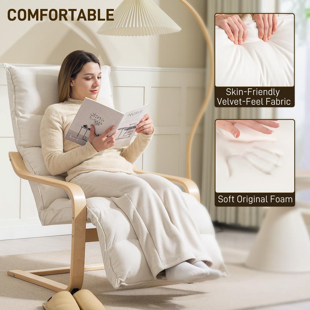 Curved Wooden Accent Chair With Adjustable Footrest Cream White