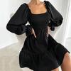 Spring Autumn Women Pleated Wrapped Chest Mini Dress Square Collar Long Sleeve High Waist Ruffle Loose Hem Solid Color A Line Dress