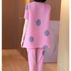Plus Size Women Clothing Stretch Loose Pleated 2PCS Set Summer Polka Dot Round Neck Short Sleeve Top + Pencil Pants