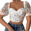 Французская женская сексуальная короткая шифоновая рубашка с пышными рукавами и цветочным принтом на косточках с кружевным топом на груди