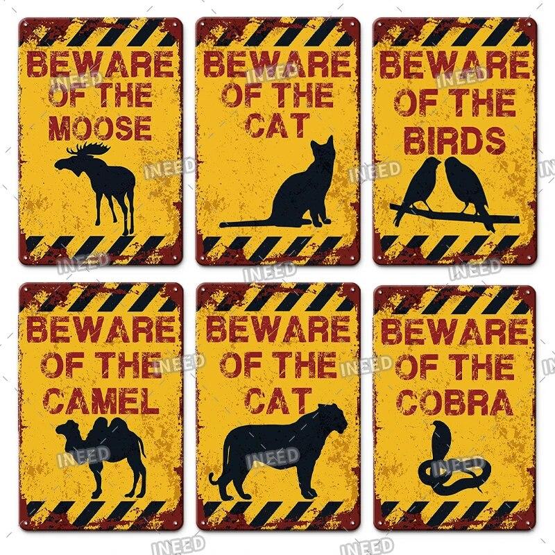 BEWARE OF Dog Cat Chicken Retro Plaque Metal Tin Signs Garden Yard Home Decoration Caution Kraken Plate Animal Warning Sign