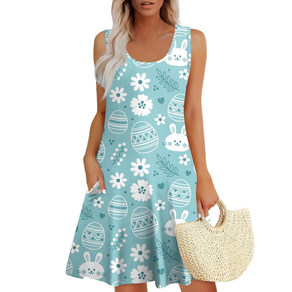 Womens Summer Dresses Easter Print Loose U Neck Sleeveless Sundresses Dress With Pockets