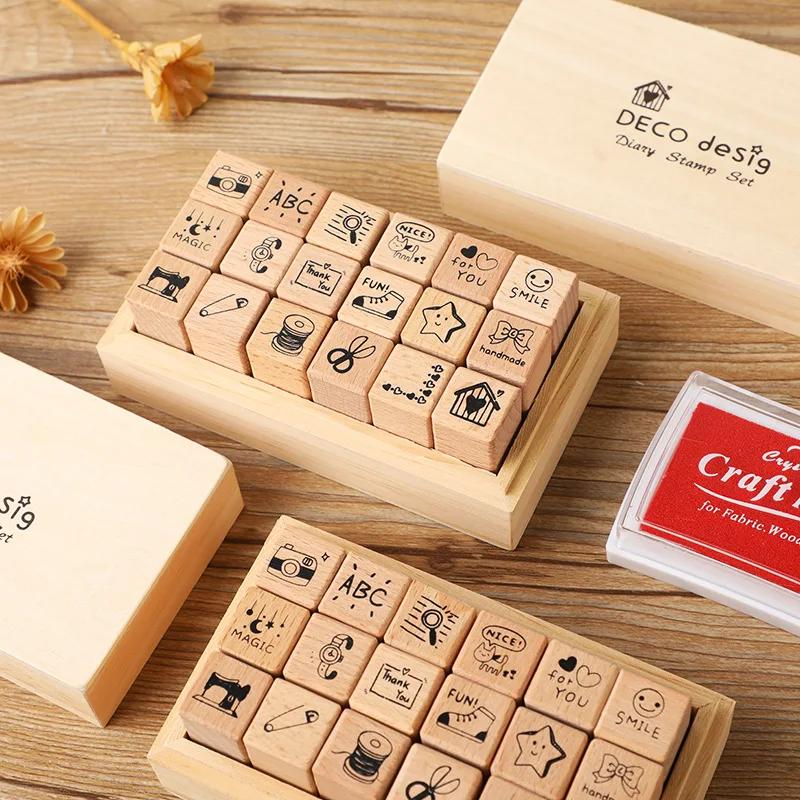 Daily Life 18 Pcs Wood Seal Set Box Diy Diary Decoration Material Stamp Wooden Box 4 Options Wooden Seal Gift