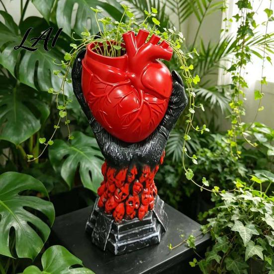 Skull Base Ornament Hand Holding Human Heart Organ Vase Gothic Anatomical Shaped Planter Spooky Halloween Desktop Flower Pot for Living Room