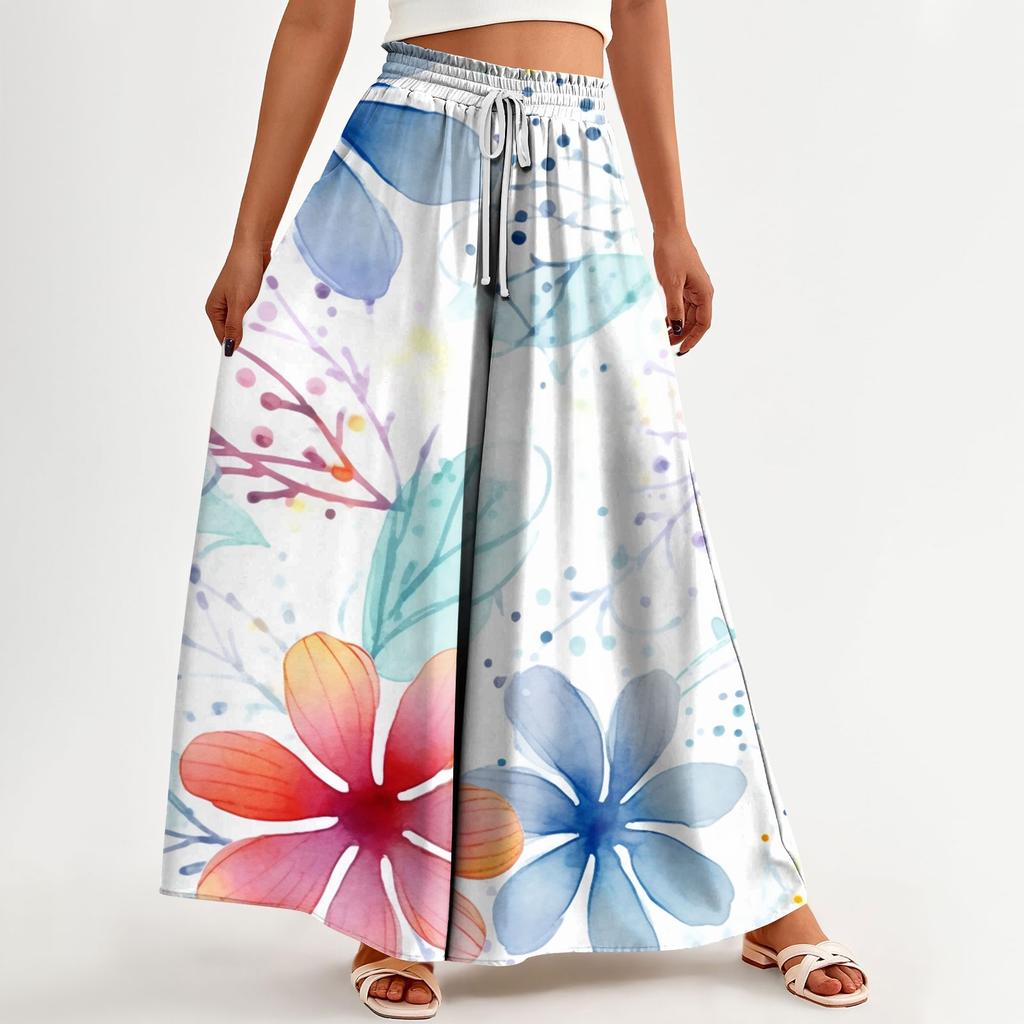 Женские широкие брюки с высокой талией, летние повседневные струящиеся брюки-палаццо, пляжные брюки с цветочным принтом и карманом