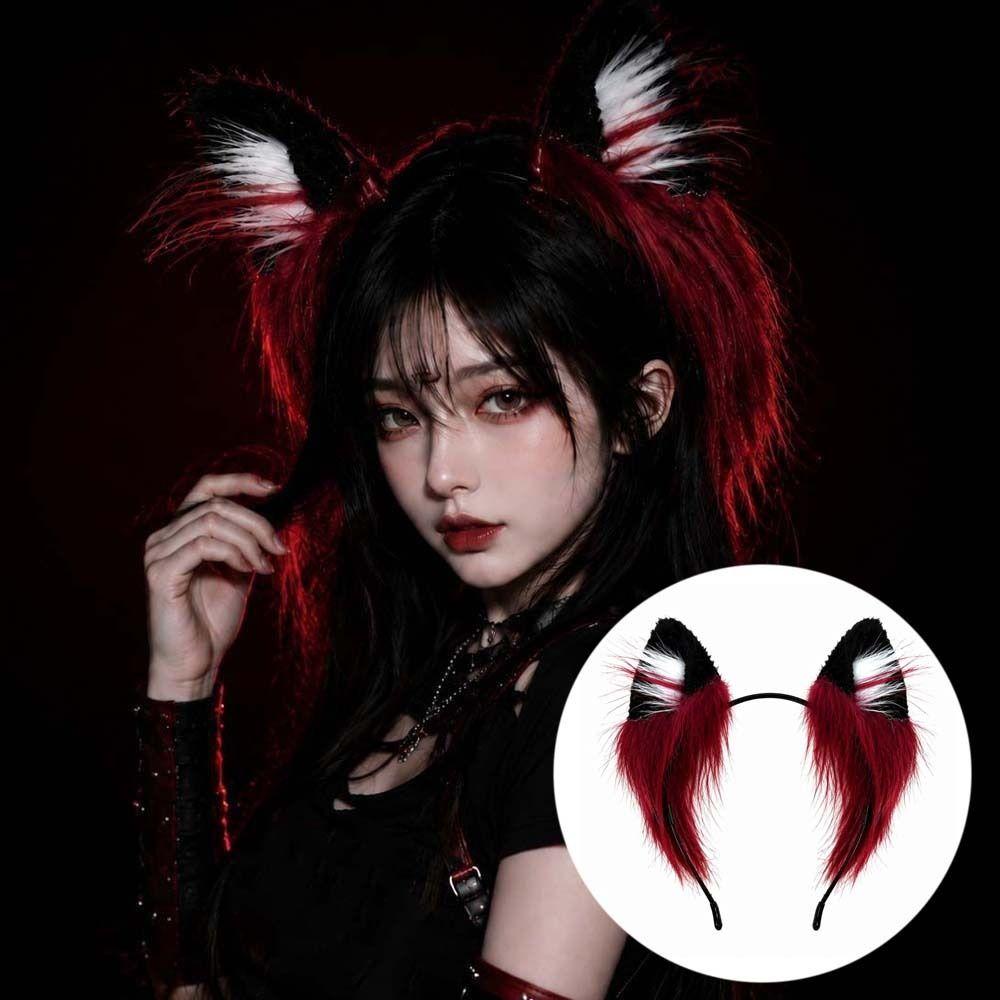 Soft Plush Faux Fur Headwear Red Black Halloween Hair Hoop Wolf Ears Headband  Club Events