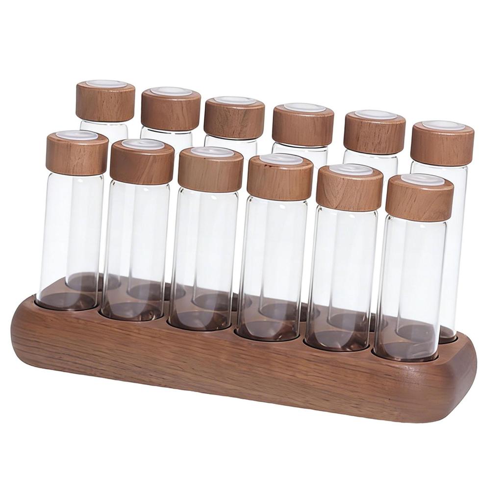 Single Dose Coffee Bean Storage Tubes Glass Airtight Container Wooden Stand Dustproof Organized for Kitchen Shelves
