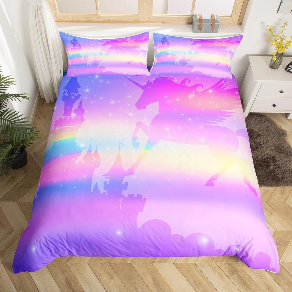 Rainbow Unicorn Three-Piece Digital Printing Kit Quilt Cover Bedding