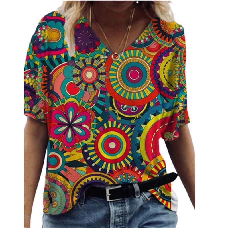 Summer V-neck 3D Abstract Printed Top Fashionable Casual Short Sleeved Women's T-shirts