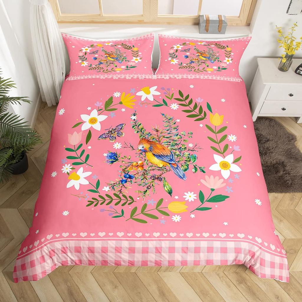 Comforter Kawaii Rabbit Cartoon Animal Bedding Set Geometry Grid Checkered Comforter Colorful Flowers Butterfly Bed Set