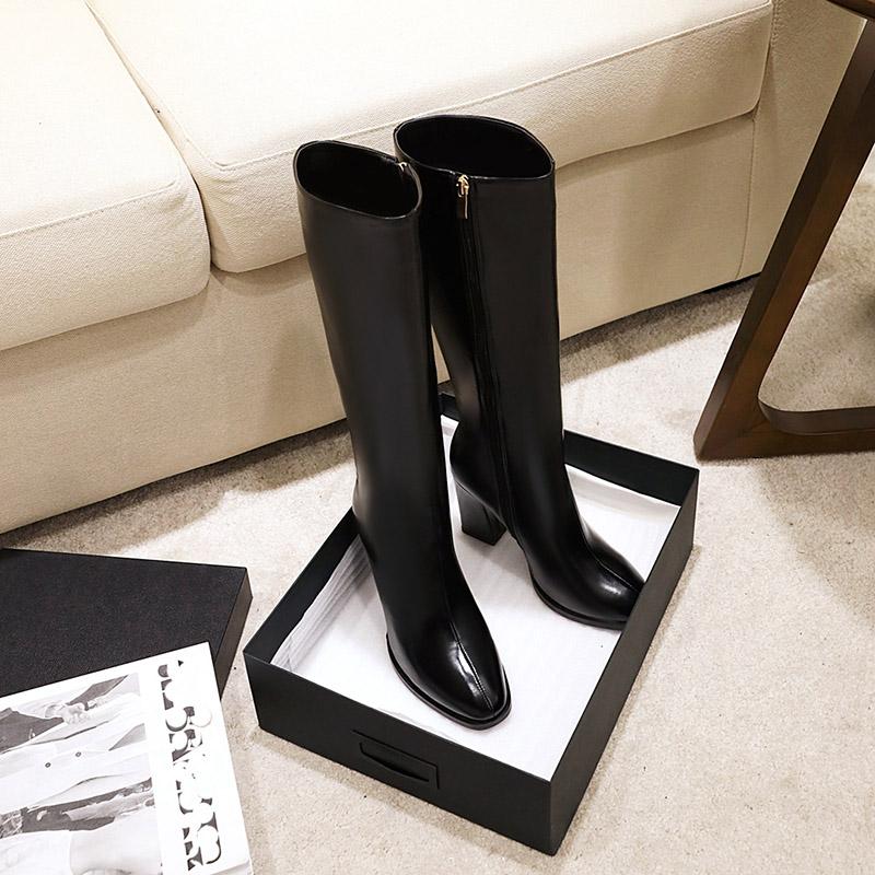 Женские сапоги на высоком каблуке, модный темперамент, осенне-зимние новые сапоги большого размера на толстом каблуке, однотонные, среднего размера