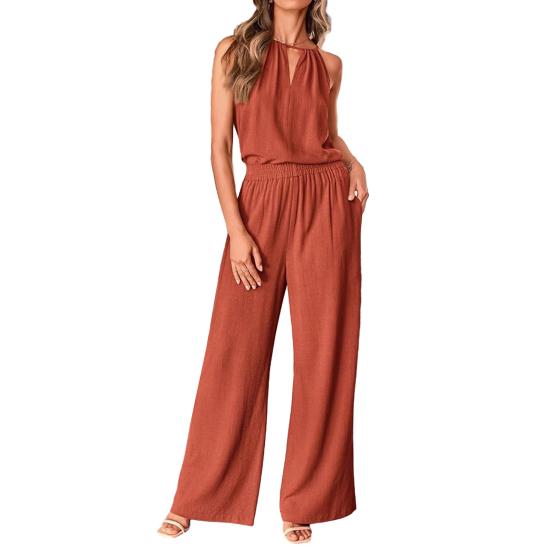 Женский летний комплект из 2 предметов: повседневный топ без рукавов с бретелькой через шею и широкие брюки, летний домашний костюм из хлопка и льна