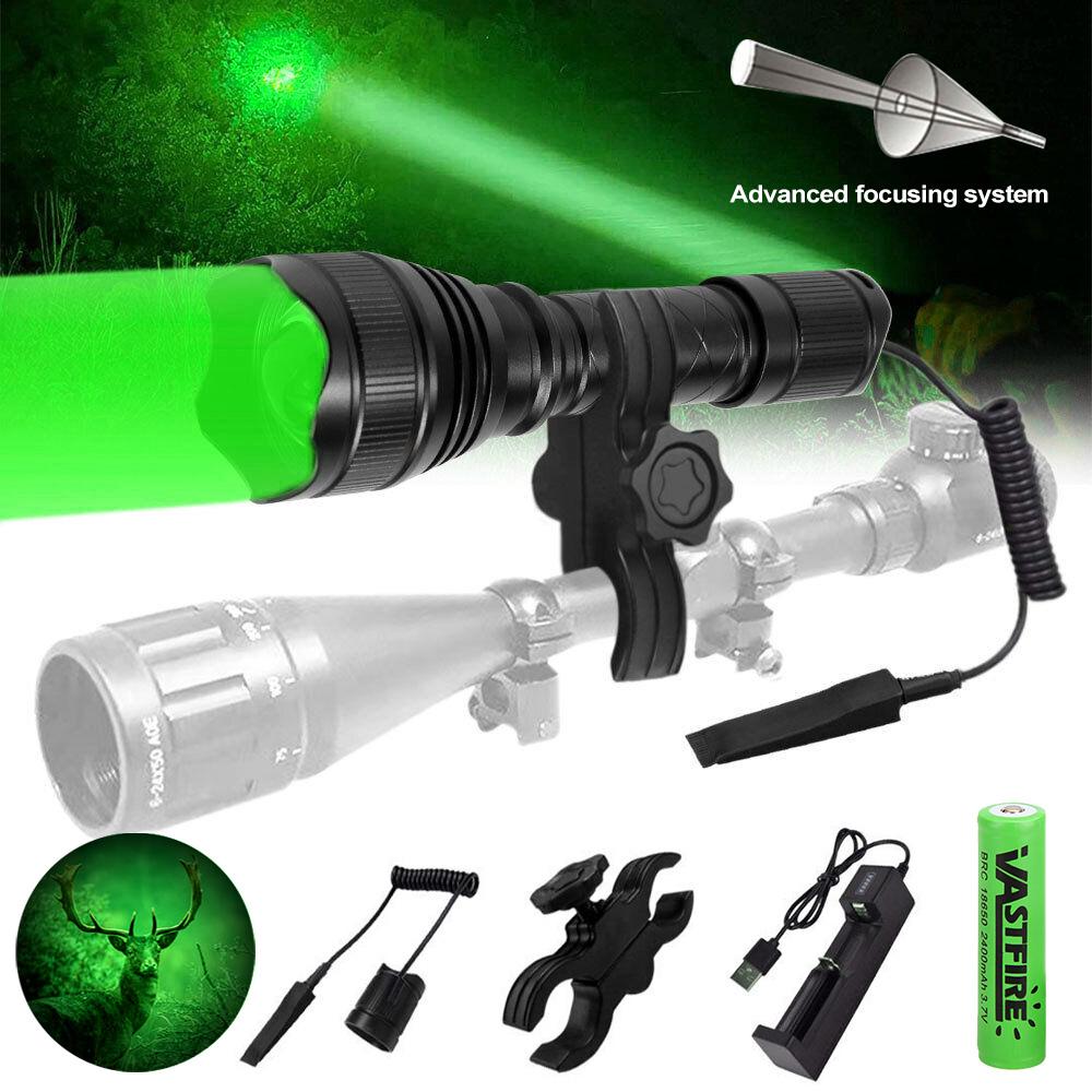 500 Yards Zoomable Flashlight Red/Green/White Hunting Torch 1 Mode High+Remote Pressure Switch+Rifle Scope Mount+18650+Charger