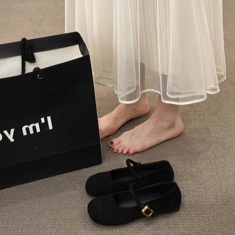 Spring 2025 New Suede Fairy with Skirt Shallow Mouth Single Shoes Retro Round Head Flat Bottom Buckle Temperament Women's Shoes