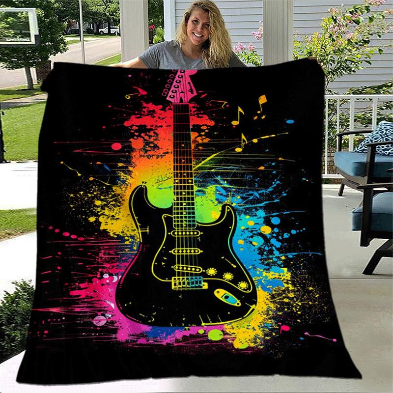 1pc Guitar Printing Lightweight Flannel Blanket, Comfortable and Warm Blanket, Sofa Bed and Couch Office, Suitable for Gift Blankets