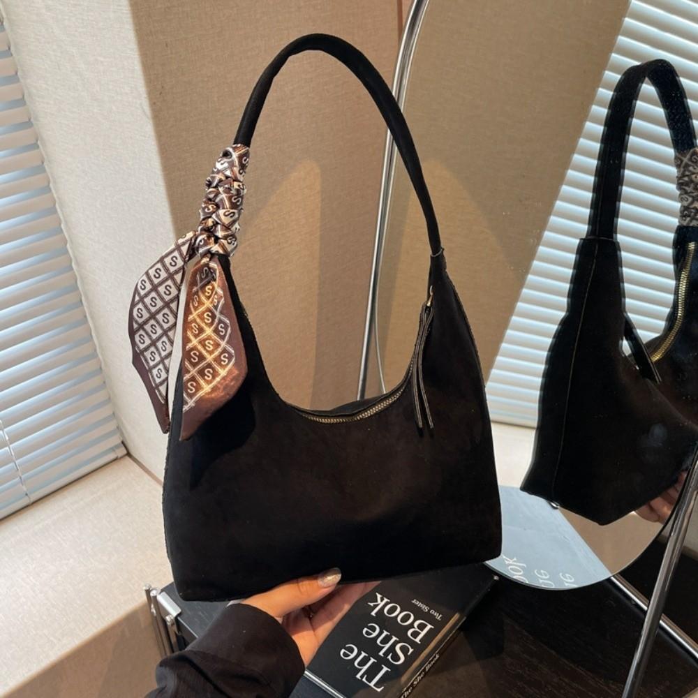 Fashion Faux Suede Underarm Bag Solid Color with Silk Scarf Decoration Shoulder Bag with Zipper Daily Use Tote Bag Women
