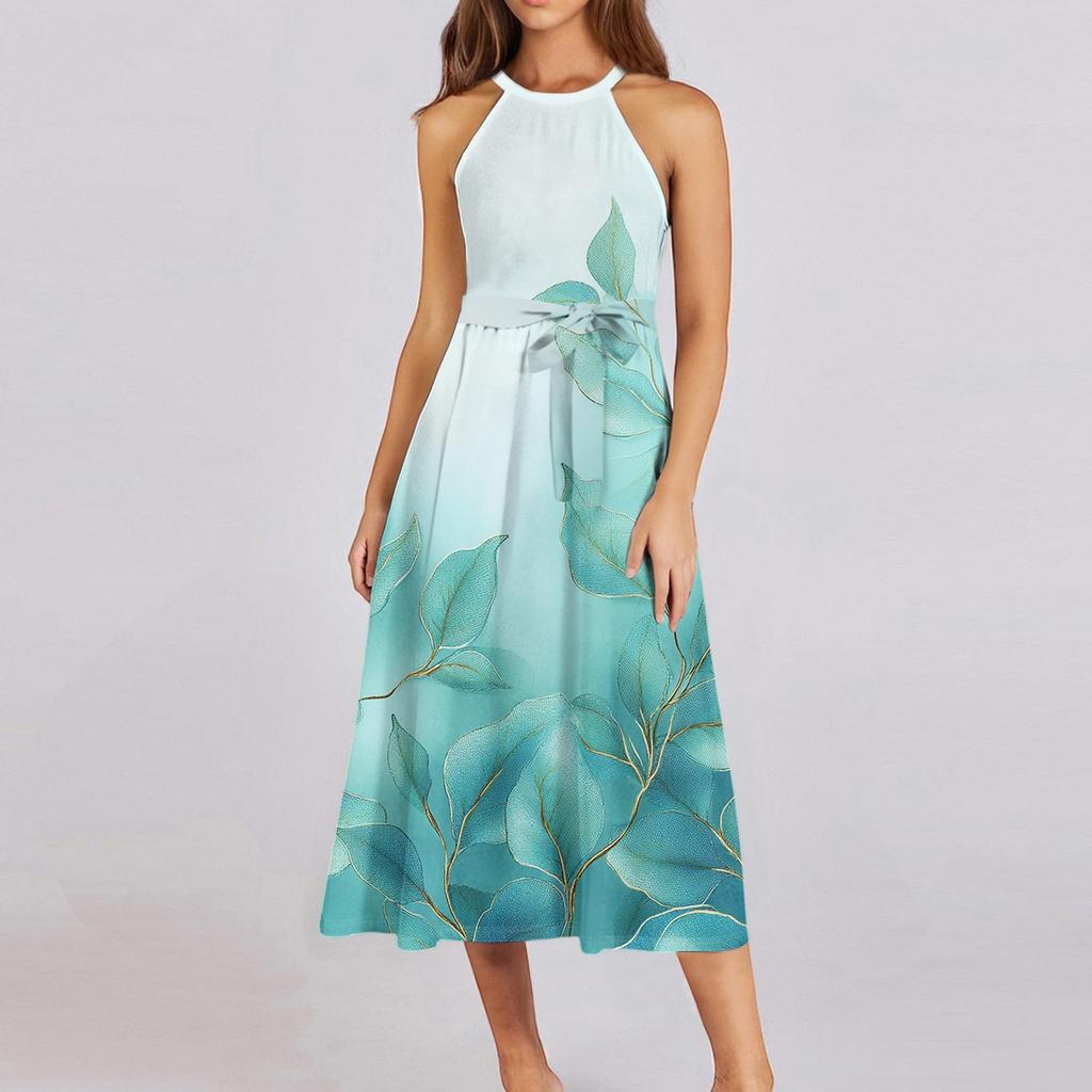 Женское повседневное платье миди с круглым вырезом, классическое, повседневное, без рукавов, свободное платье в стиле бохо с завязками, летний пляжный сарафан