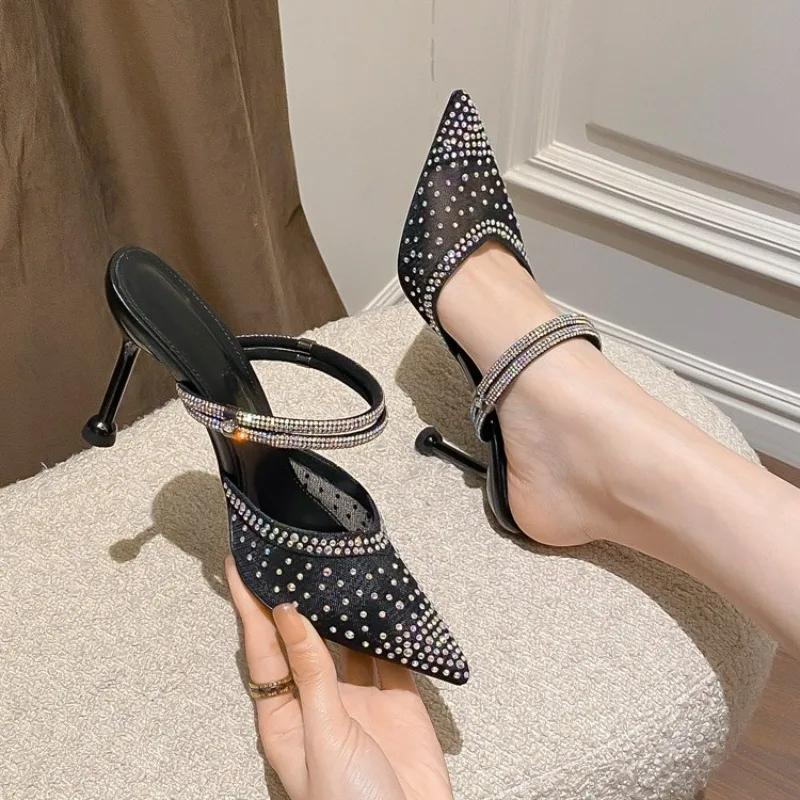 Fashion Slippers Woman Designer Mesh Open Heel Sandals Shoes Fashion Print Pointed End Women High-heel Pumps Sexy Stiletto Lady Mules