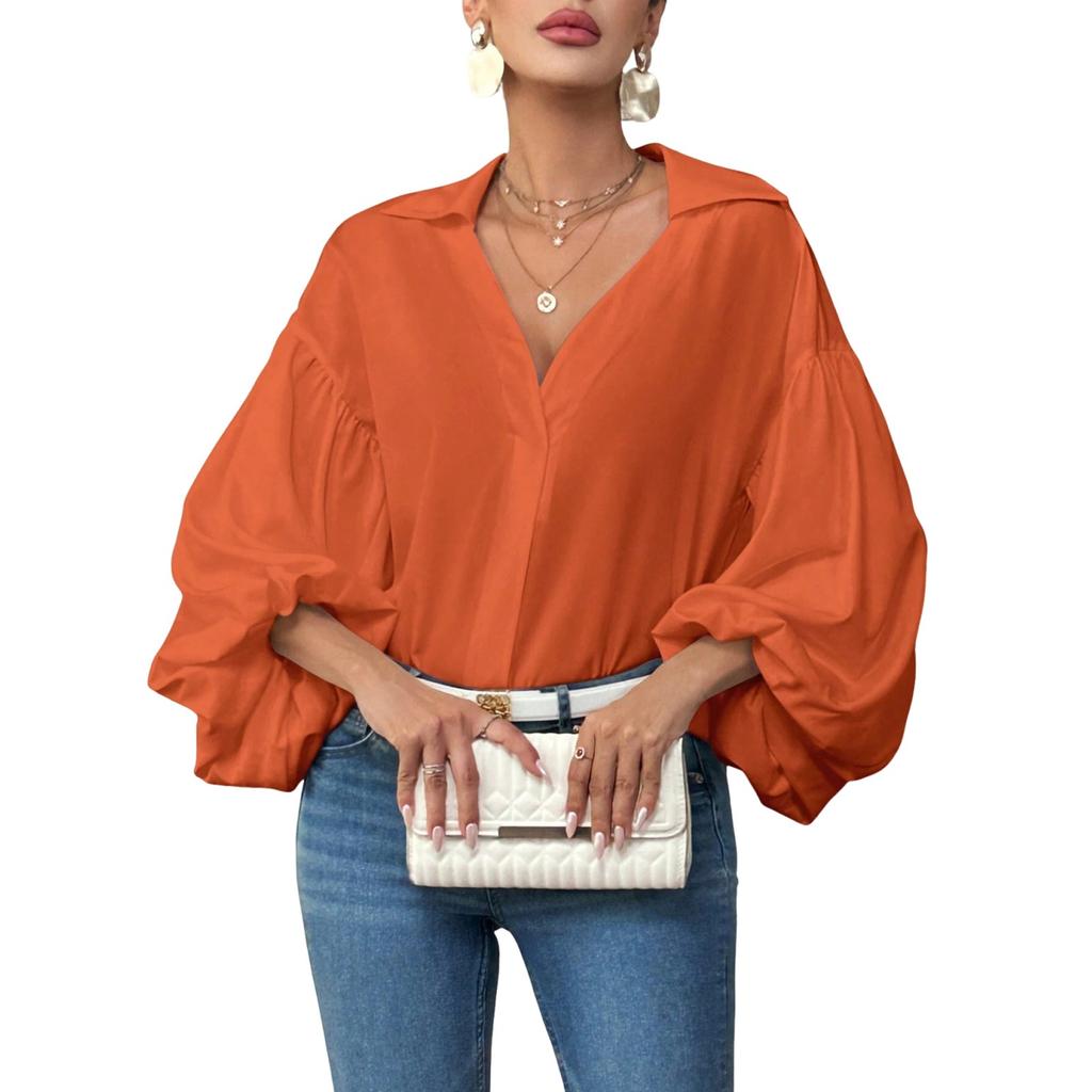 Women's  Casual French Polka Dot Half Open Neck Loose Bubble Long Sleeve Top