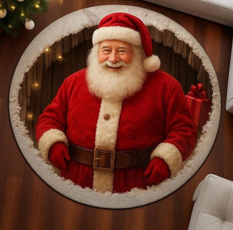 Santa Claus Christmas Round Doormat with 3D Illusion, Cozy Red Festive Carpet, Realistic Holiday Decor for Living Room