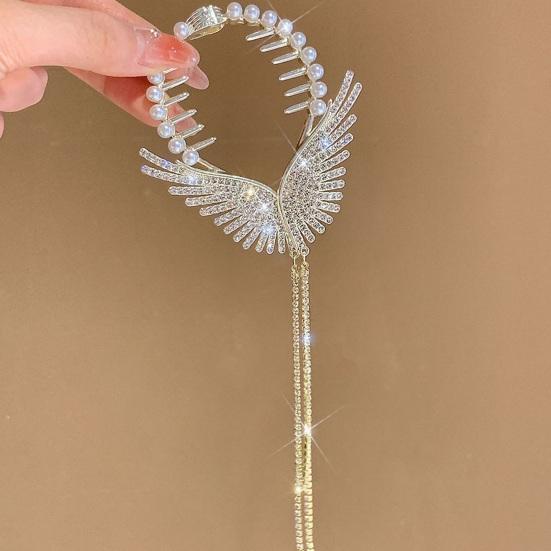 Lady Ponytail Claw Wings Shape Shiny Rhinestone Faux Pearl Long Tassel Multi Teeth Stainless Hair Decoration Lightweight Bridal Hair Bun Hair