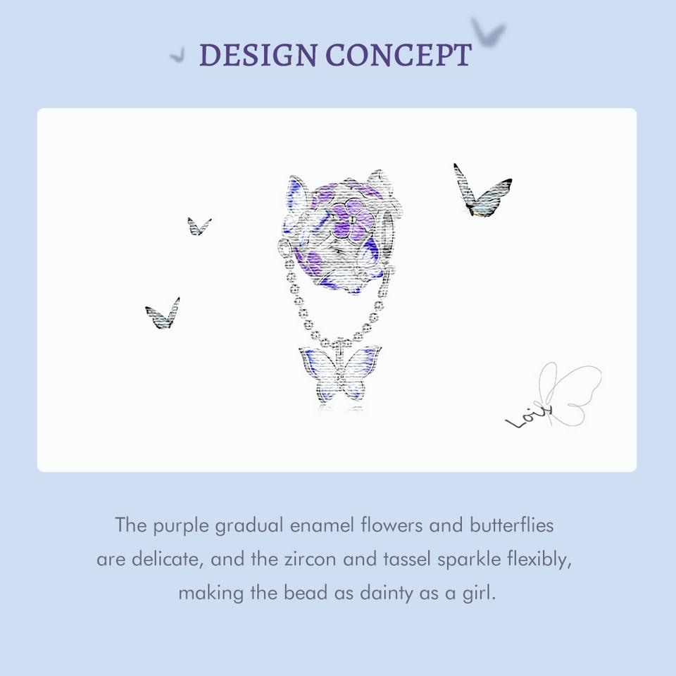 WOSTU Стерлингового Серебра 925 пробы, мистический фиолетовый цветок, подвески, бусины, защитная цепочка в виде бабочки, подходит для оригинального браслета, DIY ожерелье, ювелирные изделия