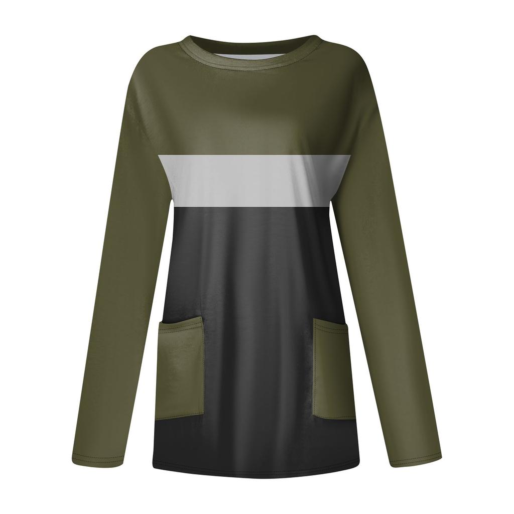 Женская мода повседневный свитер футболка с круглым вырезом карман полосатый пэчворк принтованный топ с длинным рукавом