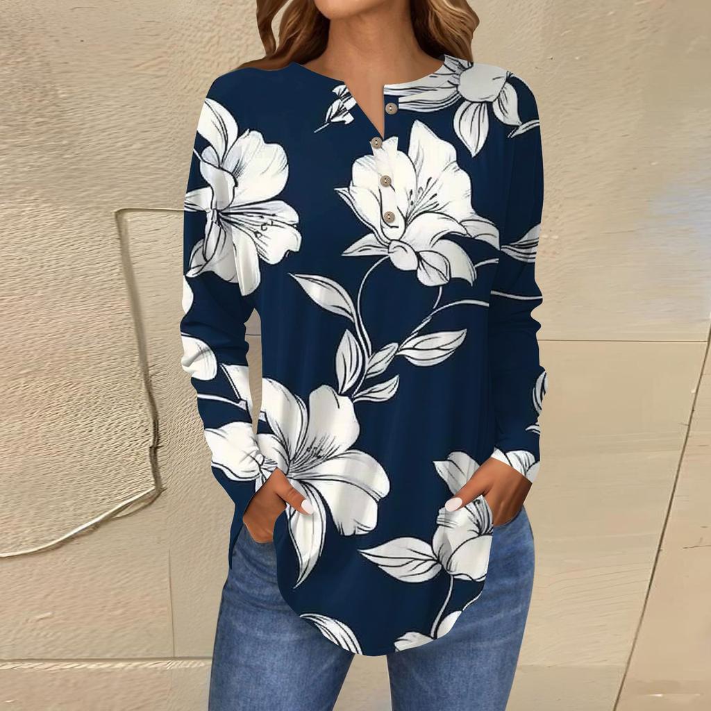 Модная свободная футболка с длинным рукавом и цветочным принтом на пуговицах, топ-пуловер