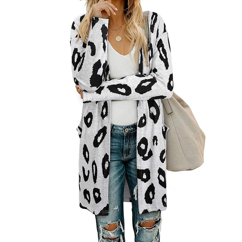 Women's Fashion Casual Printed Pocket Cardigan Medium And Long Coat